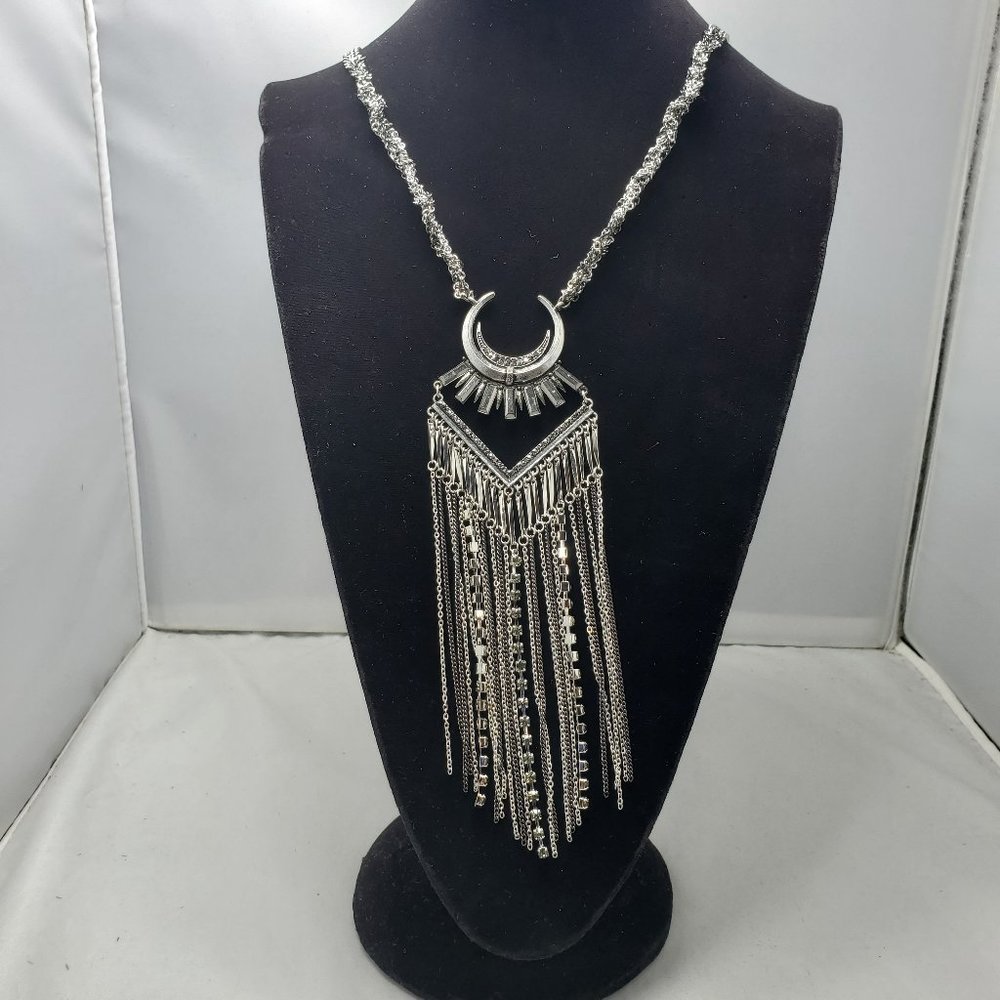 BKE Boho vintage silver metal chain necklace with fringe rhinestones and chain